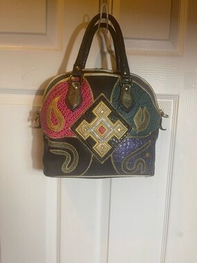 Vintage NAS Bag Black Multicolor  patchwork Embroidered Accent Dome Satchel bag.